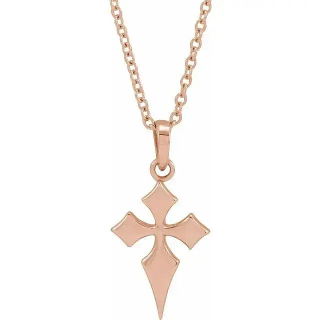 Modern Cross Necklace in rose gold featuring a minimalist, handcrafted cross pendant on a delicate chain. A stylish and elegant faith-inspired accessory.