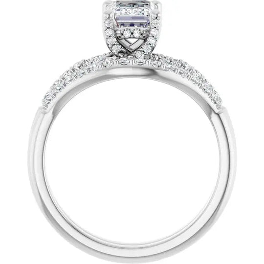 Contemporary engagement ring with halo diamonds