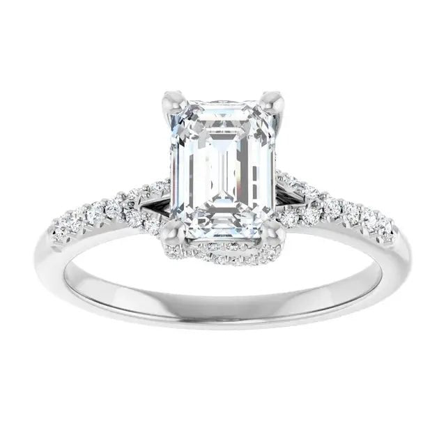 Modern halo emerald-cut diamond engagement ring in 14K gold