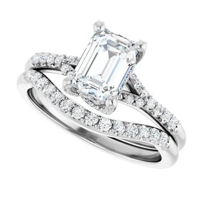 Emerald cut ring with modern halo by Dimitrios Creations