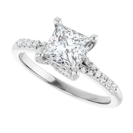 Elegant square-cut diamond engagement ring with halo design