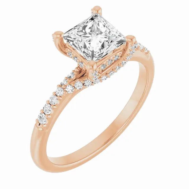 Radiant square-cut diamond ring with contemporary halo