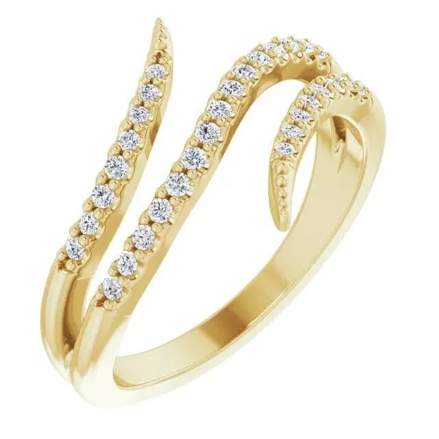 Natural Diamond Bypass Ring in 14K Yellow Gold featuring intersecting bands adorned with sparkling diamonds. A luxurious custom-made jewelry piece for women.