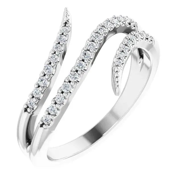 14K White Gold Diamond Bypass Ring featuring a modern intertwined design with shimmering diamonds. A high-end custom-made jewelry piece for women.