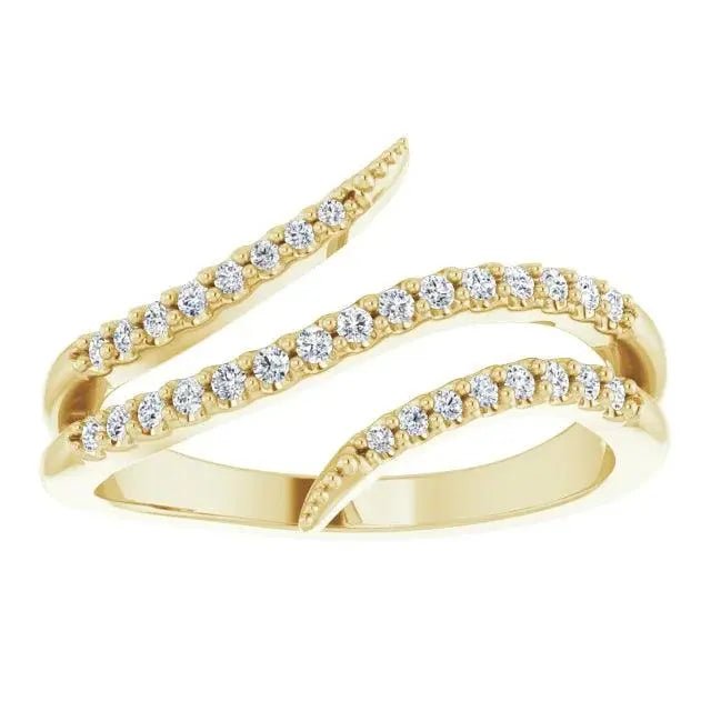 Elegant 14K Yellow Gold Bypass Ring with natural diamonds, showcasing a unique intertwined design. A perfect bespoke jewelry gift for her.