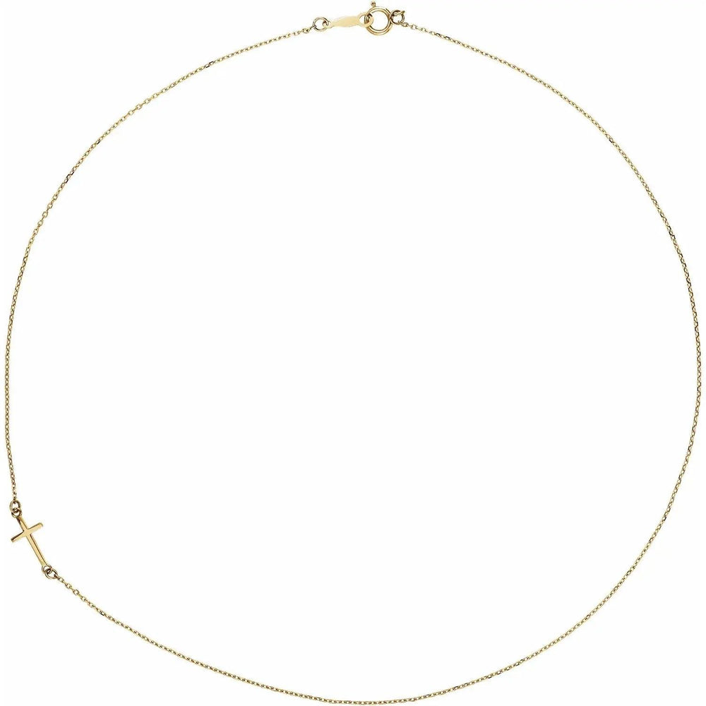 Modern 14K gold necklace with unique sideways cross design