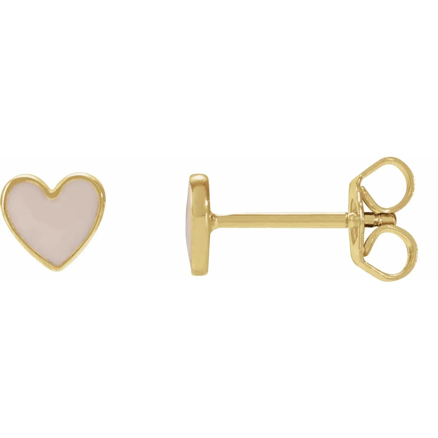 Pink enamel heart stud earrings in 14K yellow gold with a secure post-back closure, offering a playful yet elegant touch to any outfit.