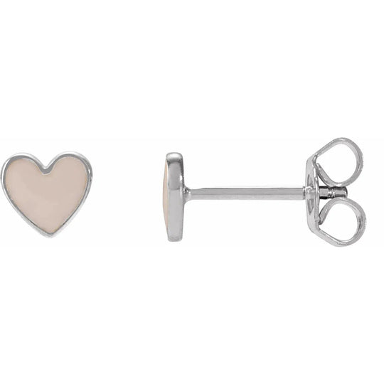 Pink enamel heart stud earrings in 14K white gold, offering a modern and sophisticated style with a secure fit for effortless elegance.