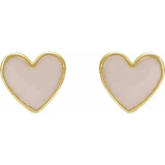 Pair of pink enamel heart-shaped stud earrings in 14K yellow gold, designed for a vibrant and luxurious look with a smooth enamel finish.