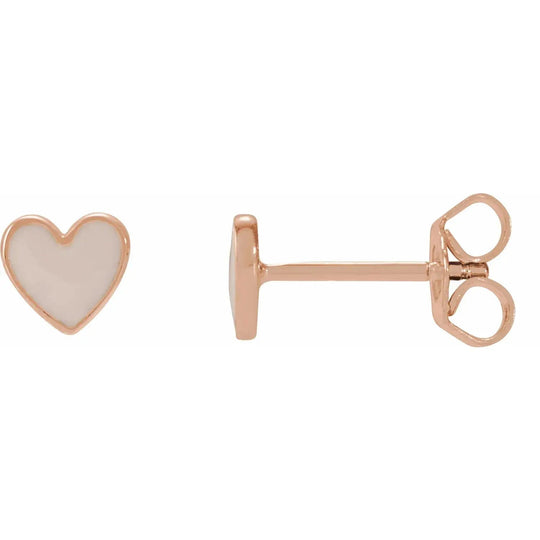 Pink enamel heart stud earrings in 14K rose gold, featuring a delicate and romantic design with a secure post-back closure for everyday wear.