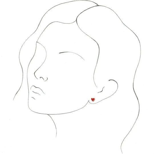 Minimalist illustration of a woman wearing pink enamel heart stud earrings, showcasing their delicate size and elegant placement on the ear.