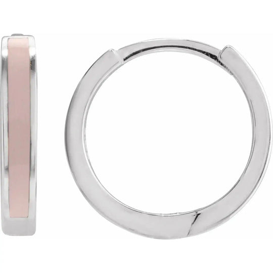 Chic pink enamel hoop earrings in white gold, featuring a secure hinged clasp. These modern hoops offer a fresh take on classic jewelry styles.