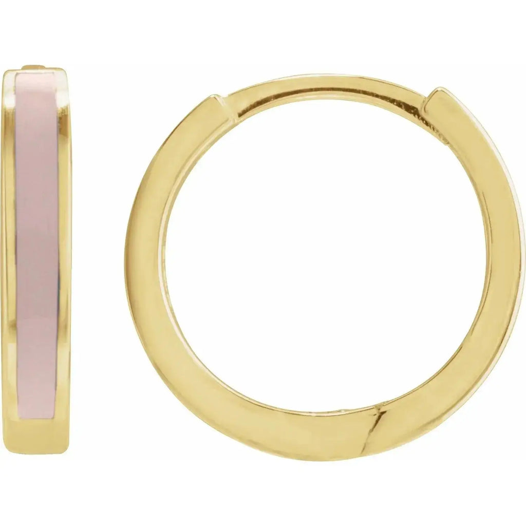 Close-up photo of 12.2mm 14K gold pink enamel hoop earrings, handcrafted in NYC.