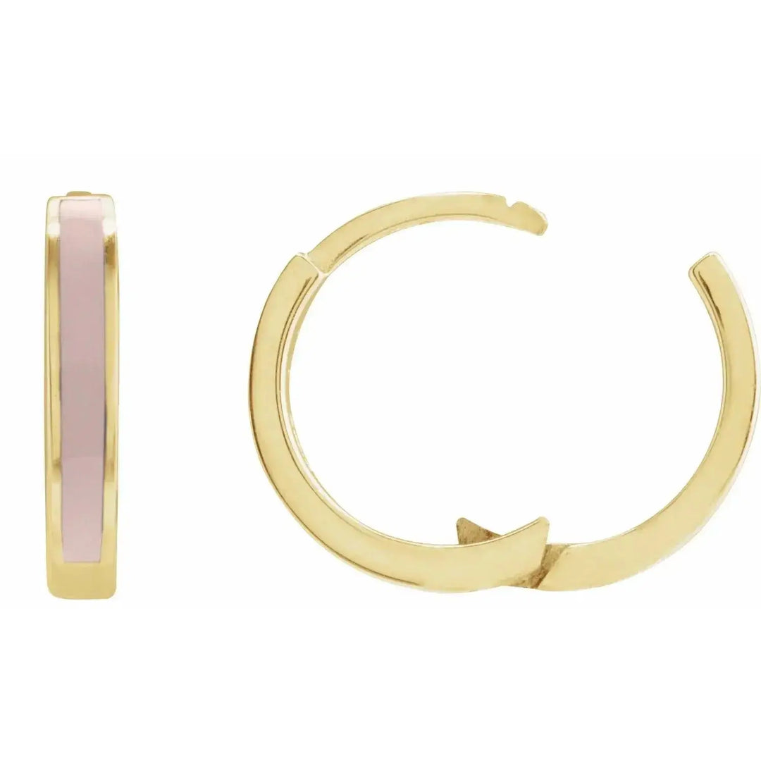 Elegant pink enamel hoop earrings in 14K solid gold, showcasing a secure hinged closure. A perfect blend of modern design and timeless craftsmanship.