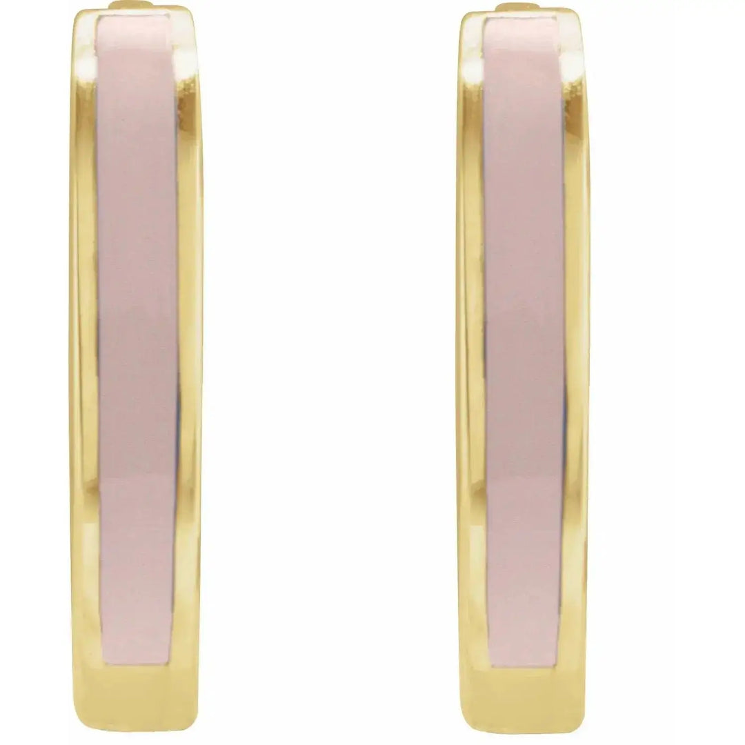 Minimalist pink enamel hoop earrings in solid gold, designed for everyday elegance. The smooth enamel finish adds a contemporary flair to classic hoops.