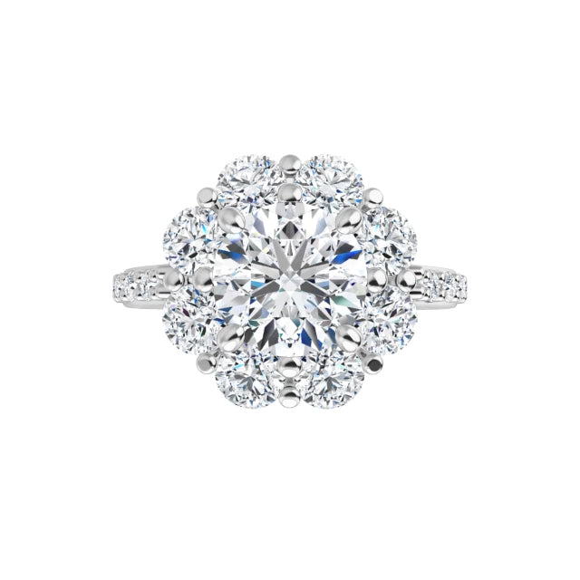 Video showcasing the floral engagement ring with diamond flower design and petal-inspired details, available in rose gold, white gold, and platinum.