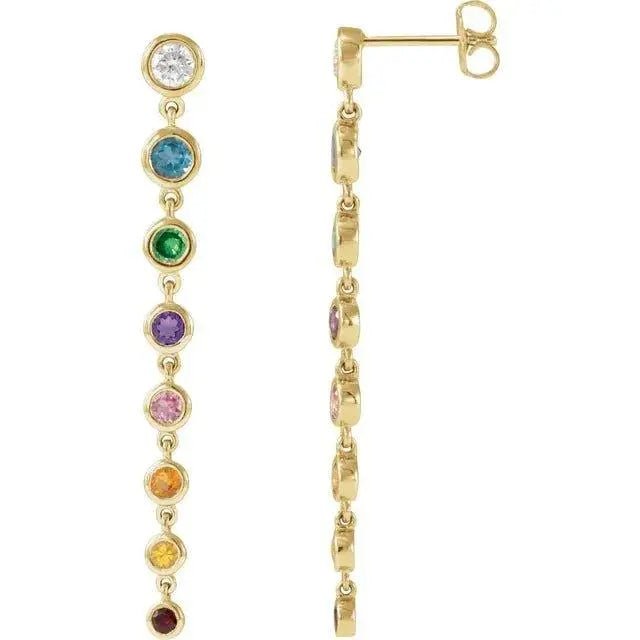 Yellow gold earrings featuring colorful gemstones in a sleek design