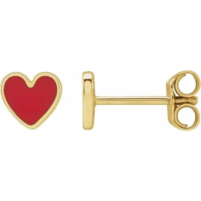 Close-up photo of 6mm 14K gold red enamel heart stud earrings, handcrafted in NYC.