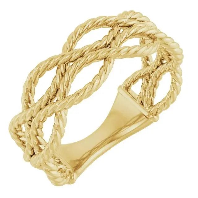 Solid gold rope knot ring featuring an intricate twisted design, symbolizing unity and strength. A timeless and elegant jewelry piece for any occasion.