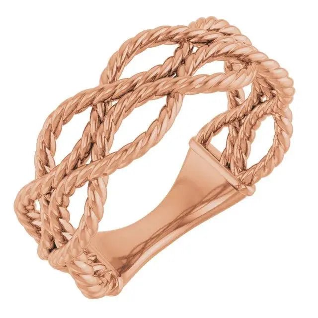 Rose gold rope knot ring with a beautifully interwoven design, offering a warm and sophisticated touch to any fine jewelry collection.