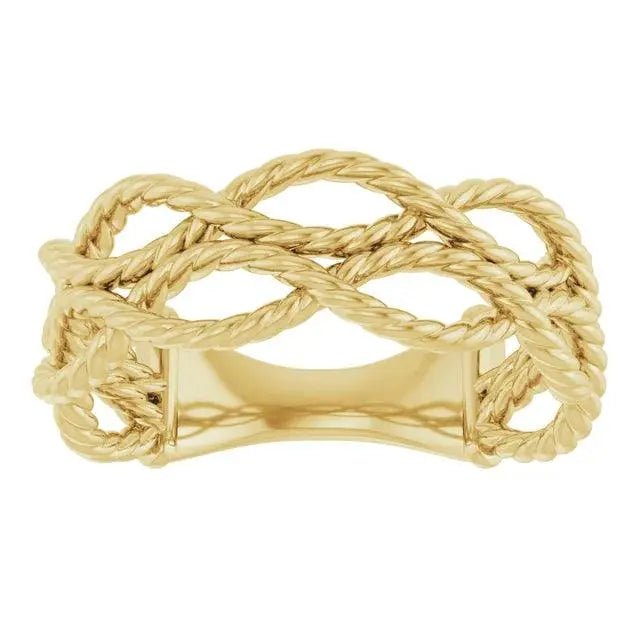 Handcrafted solid gold rope knot ring with an interwoven design, offering a sophisticated and symbolic touch to any jewelry collection.