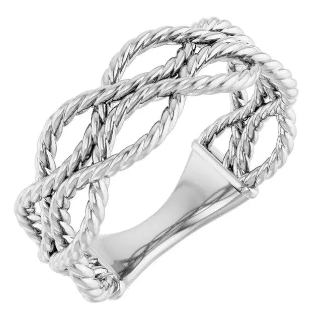 Sterling silver rope knot ring with an intricate twisted design, symbolizing strength and unity. A modern and elegant jewelry piece for any occasion.