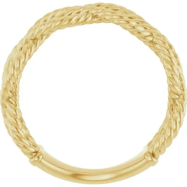 Side view of a solid gold rope knot ring, showcasing its detailed craftsmanship and luxurious texture, perfect for a timeless and elegant look.