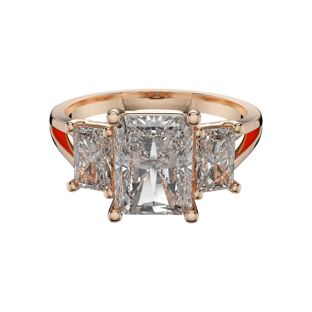 Three stone radiant engagement ring in 14K rose gold with IGI certified 2CT center