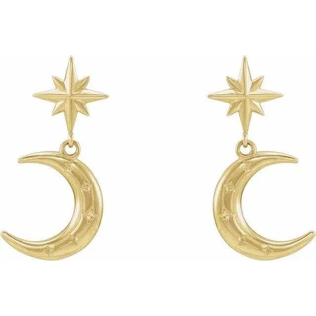 Handcrafted 14K gold crescent moon earrings with celestial charm