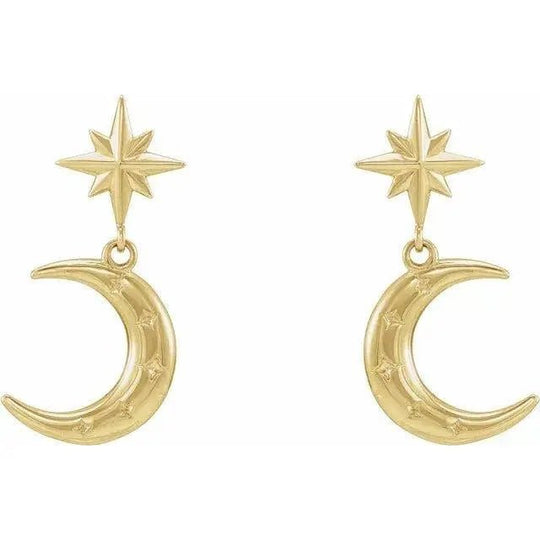 Handcrafted 14K gold crescent moon earrings with celestial charm