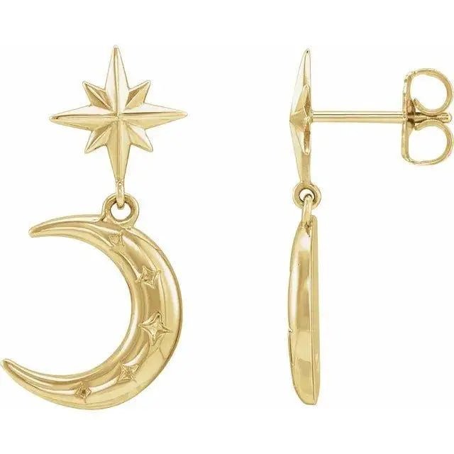 14K gold crescent moon earrings in yellow gold for celestial style