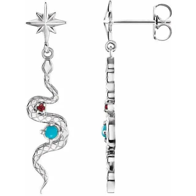 Sterling silver snake dangle earrings with turquoise and ruby gemstones