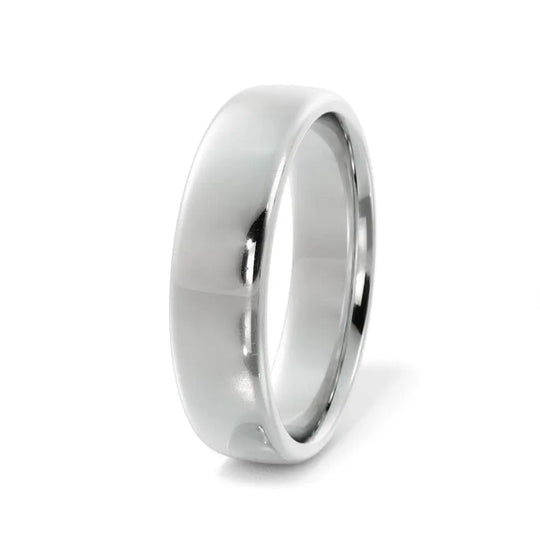 Silver 6mm rounded edge wedding band with polished finish – front view.