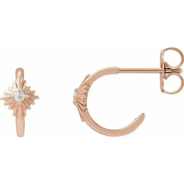 Rose gold Starburst Hoop Earrings with diamond centerpiece. These handcrafted celestial hoops add a touch of elegance to any jewelry collection.