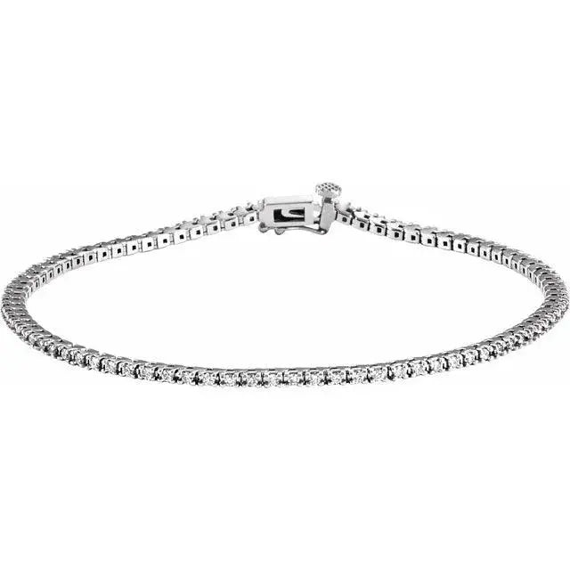 14k gold lab-grown diamond tennis bracelet with ~7/8 carat diamonds in white gold.