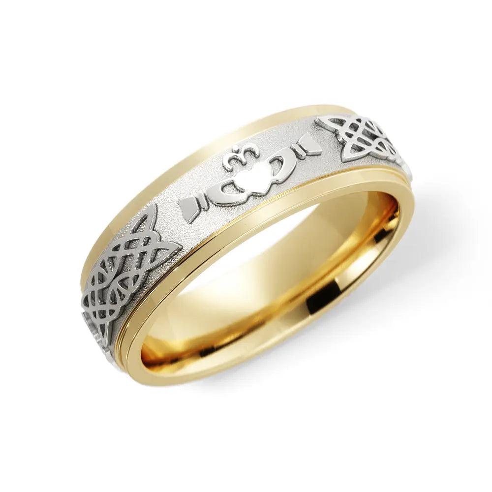 Claddagh Celtic wedding ring for men in 14K yellow and white gold 6mm