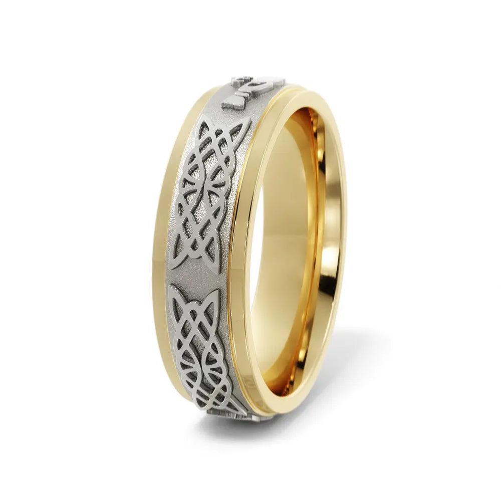 Elegant two-tone 6mm wedding band with Claddagh design