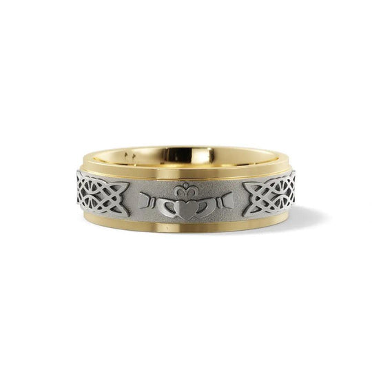 Men’s Celtic wedding ring handcrafted in yellow and white gold