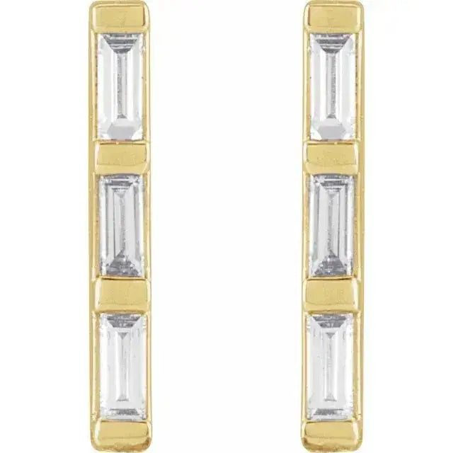 Front view of Three Baguette Diamond Bar Earrings in 14K yellow gold. Showcasing three vertically set baguette-cut diamonds for a refined, modern look.