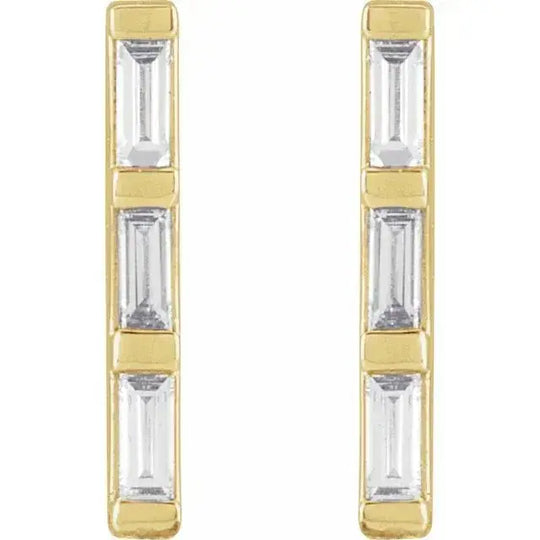 Front view of Three Baguette Diamond Bar Earrings in 14K yellow gold. Showcasing three vertically set baguette-cut diamonds for a refined, modern look.