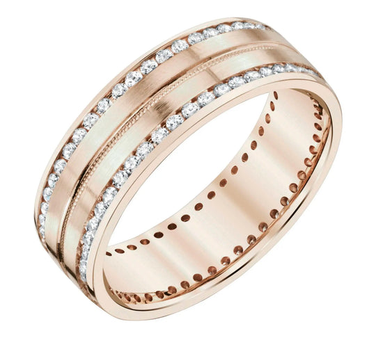 7mm 14k rose gold wedding band featuring genuine 1 carat diamonds and satin finish.