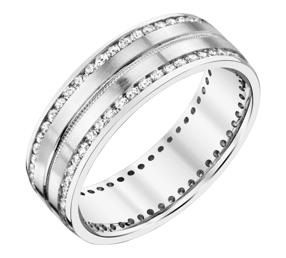 14k gold men's 1 carat diamond wedding band with satin finish in white gold.