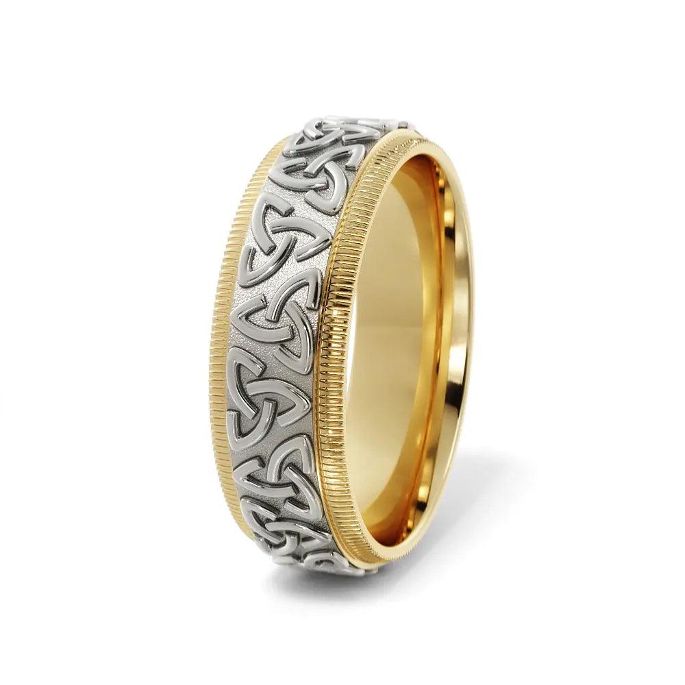 Men’s 6mm Celtic wedding ring handcrafted in yellow and white gold