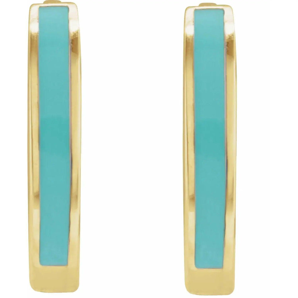 Elegant turquoise enamel earrings in 14K solid gold, featuring a bold turquoise stripe. These handcrafted hoop earrings offer a modern, sophisticated look.