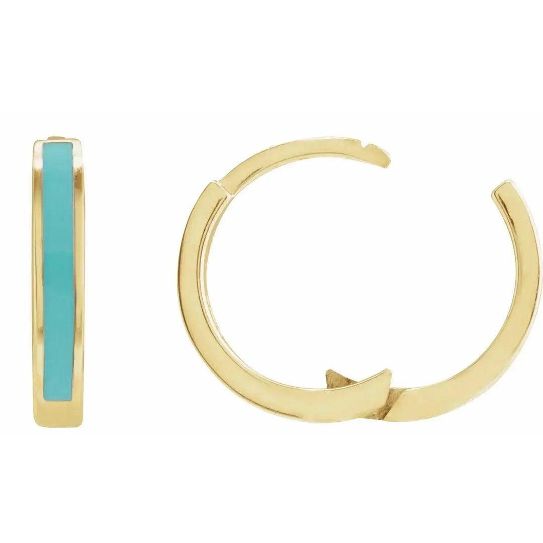 14K solid gold turquoise enamel hoop earrings with a secure hinged clasp. Handcrafted with vibrant turquoise enamel for a stylish and timeless appeal.