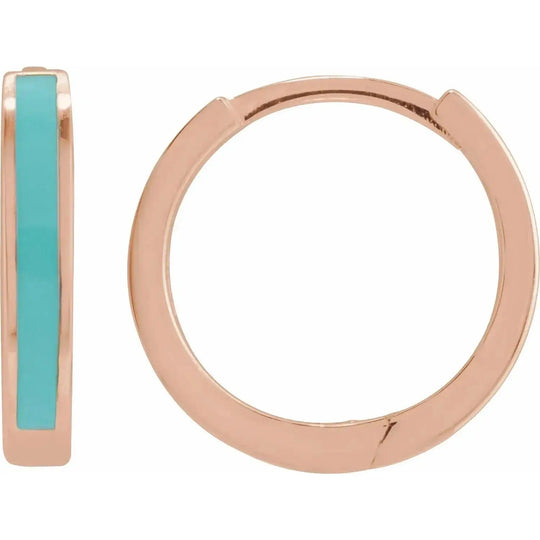 Rose gold turquoise enamel hoop earrings in 14K solid gold. Handcrafted with a vibrant turquoise enamel stripe and a secure hinged clasp for elegance.