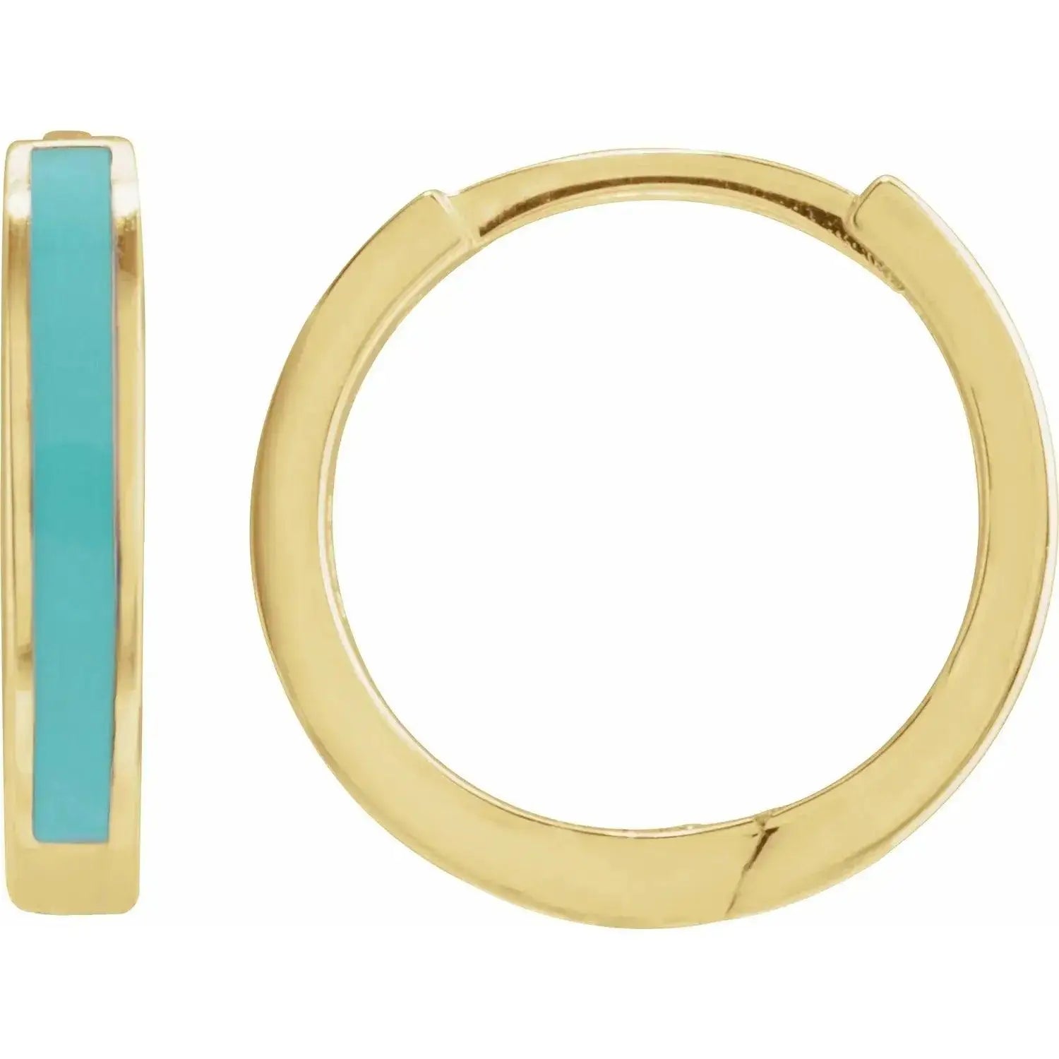 Close-up photo of 6mm 14K gold turquoise enamel stud earrings, handcrafted in NYC.