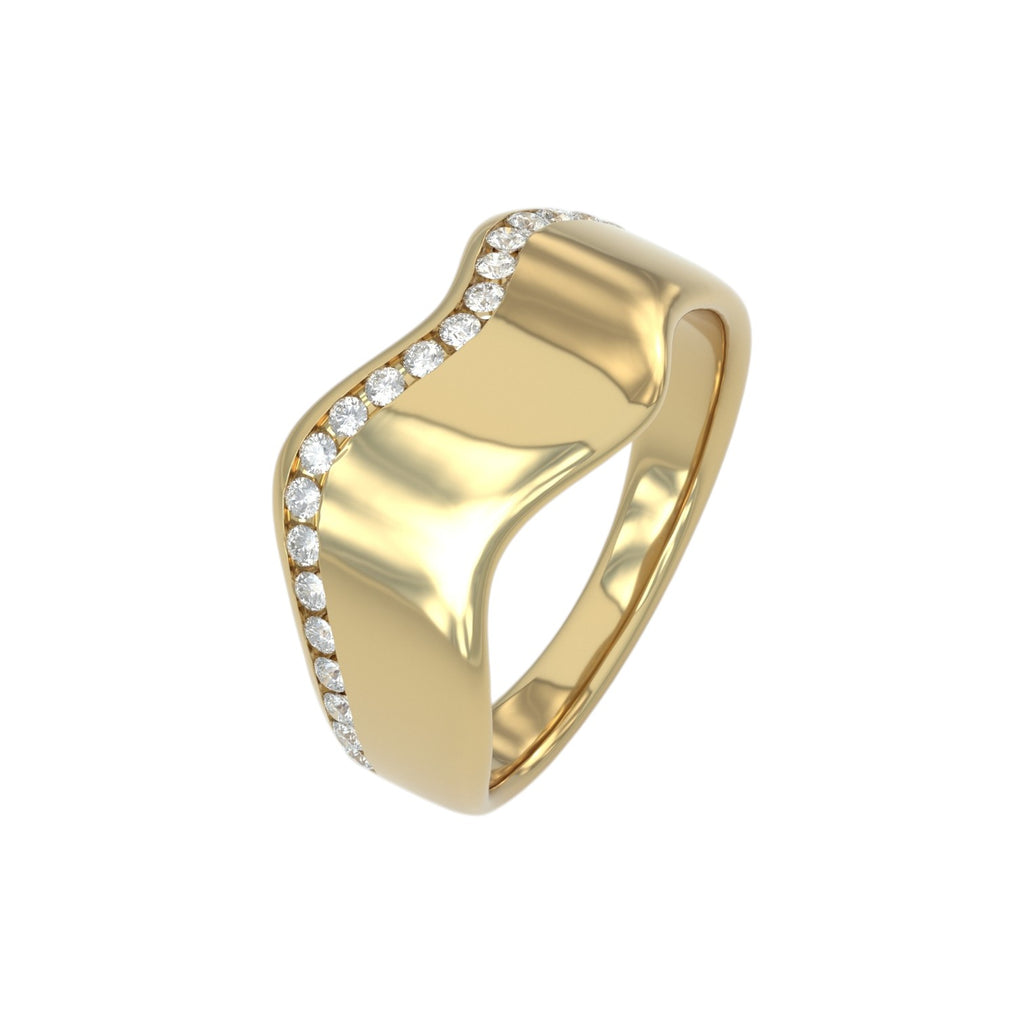 Wavy gold diamond ring top view closed up for details angle view