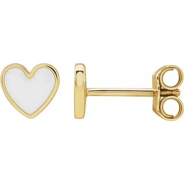 White enamel heart earring in 14K gold with a delicate heart-shaped design and secure stud backing, perfect for everyday elegance.