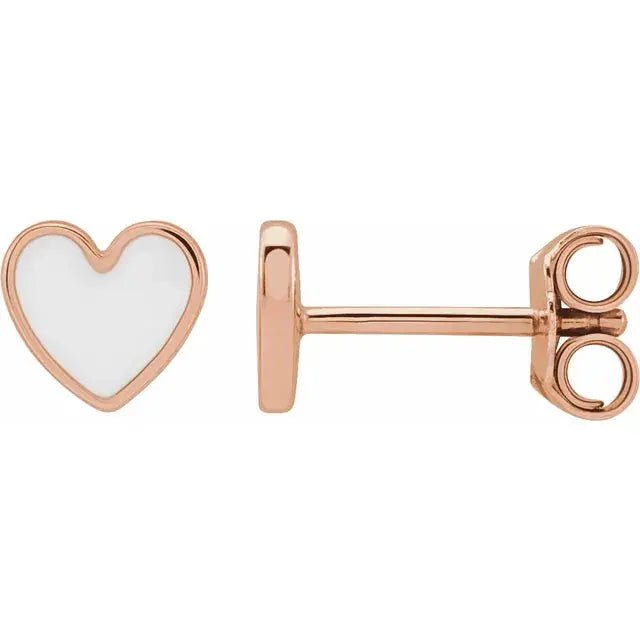 White enamel heart earring in 14K rose gold, featuring a romantic heart-shaped design with a warm rose gold frame and secure stud backing.